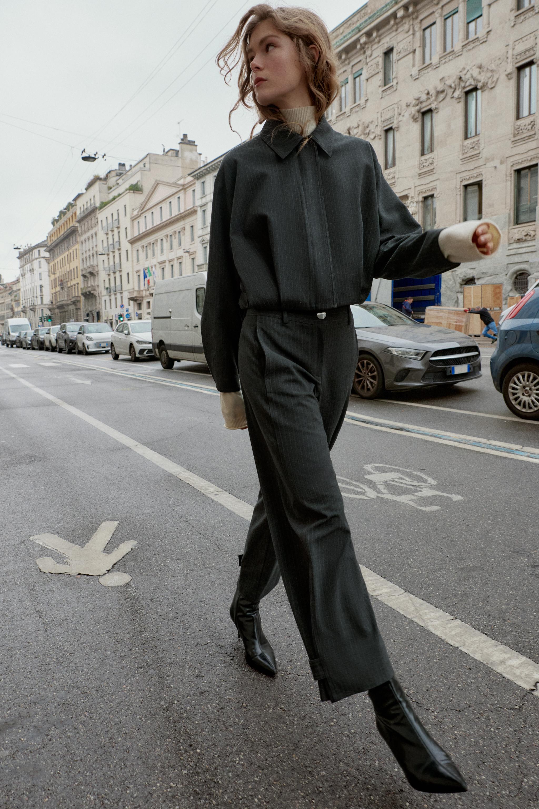 CROPPED PINSTRIPE BALLOON BOMBER JACKET